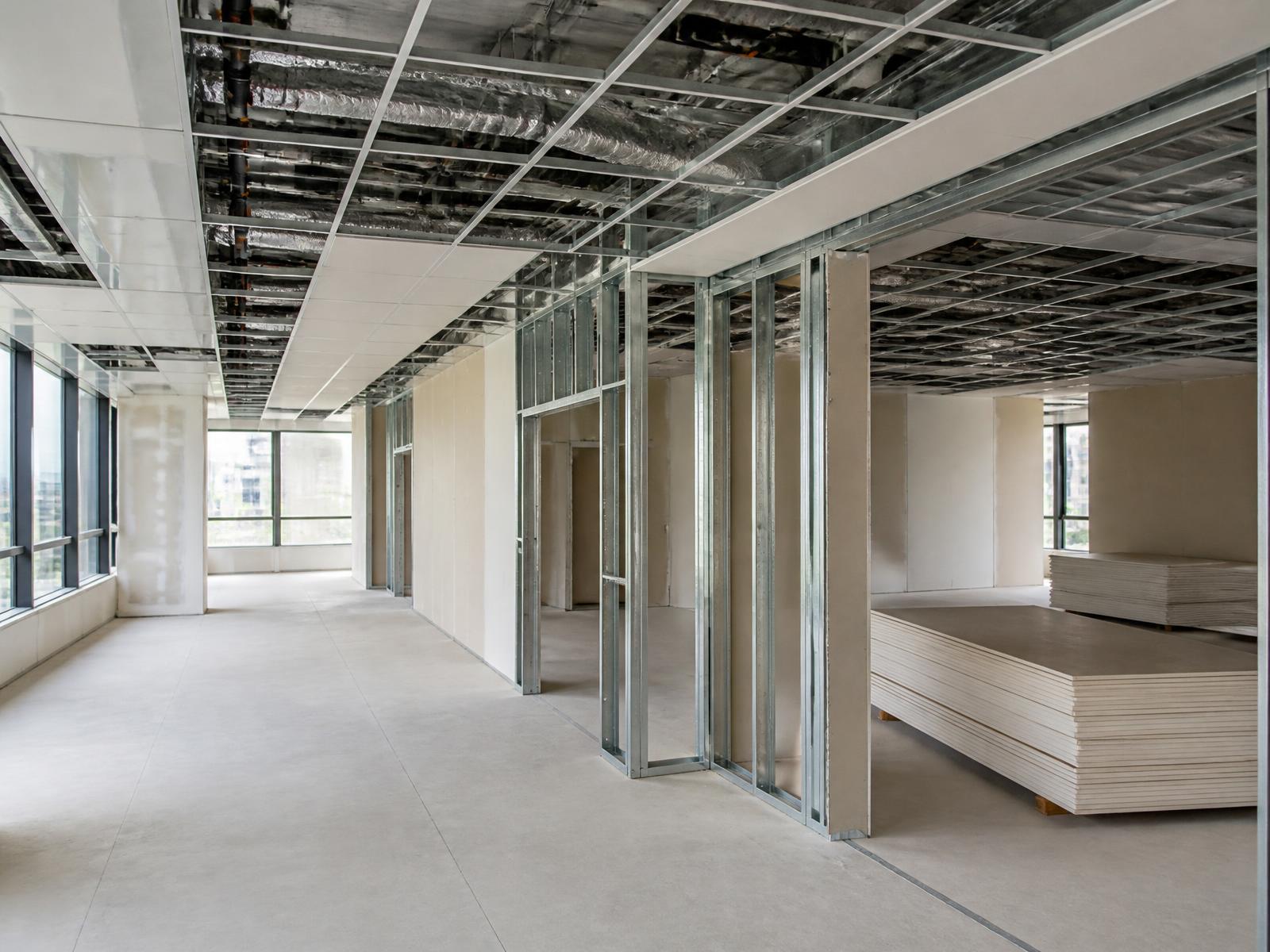 Imagen arquitectónica conceptual de una instalación avanzada de tabiquería seca, con perfilería metálica, placas de yeso laminado y falso techo montados
