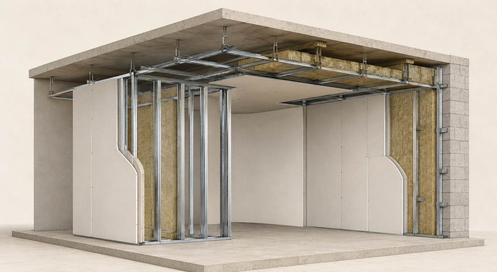 Composición constructiva de tabiquería seca con falso techo suspendido, trasdosado, perfilería, aislamiento y placas de yeso laminado.